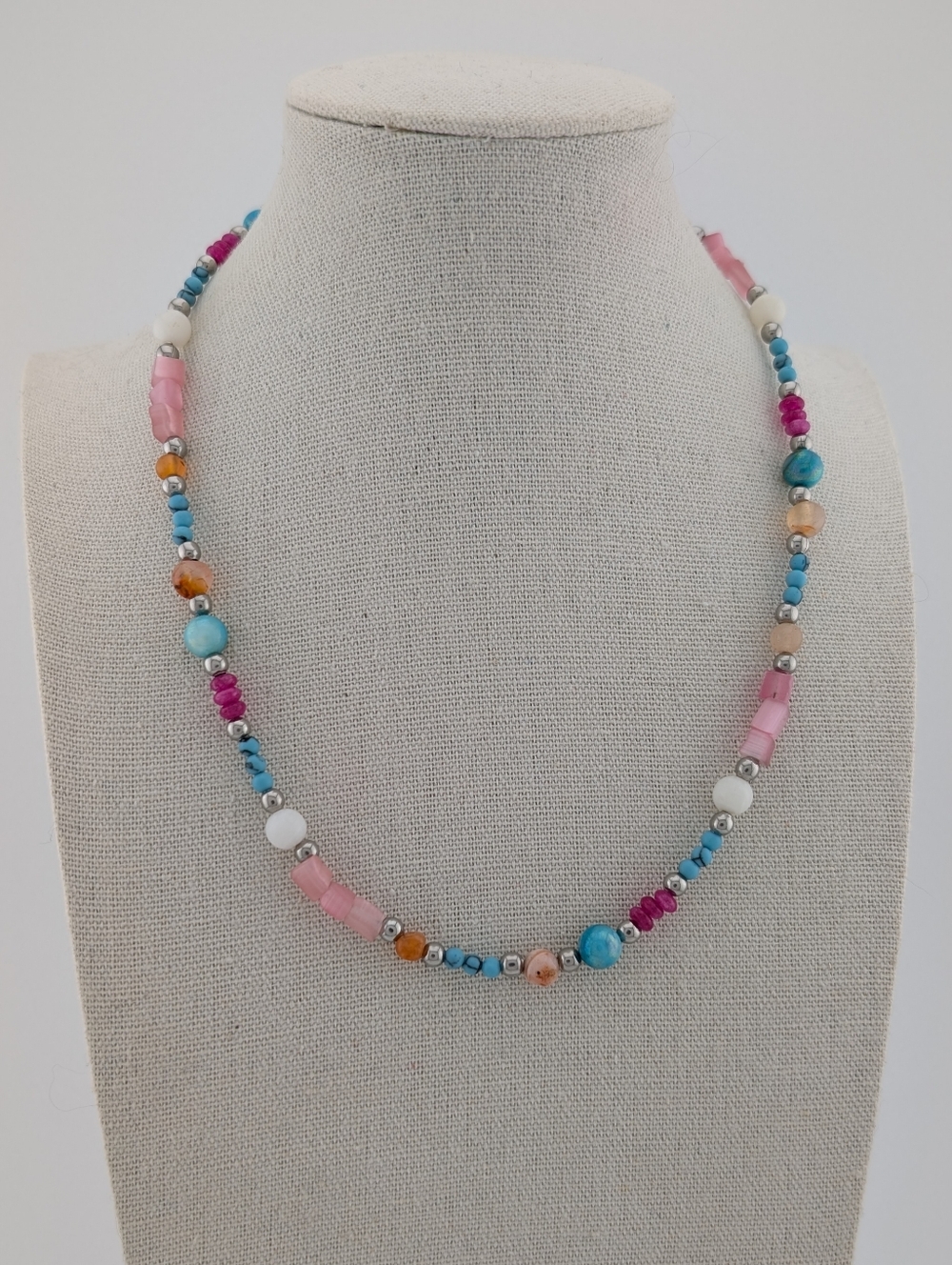 Gemstone & Shell Bohemian Choker- Pinks & Blues - Artisan Jewelry -D094